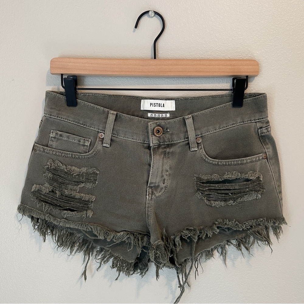 Lulus Pistola Gigi Washed Olive Green Distressed Denim Cutoff Shorts